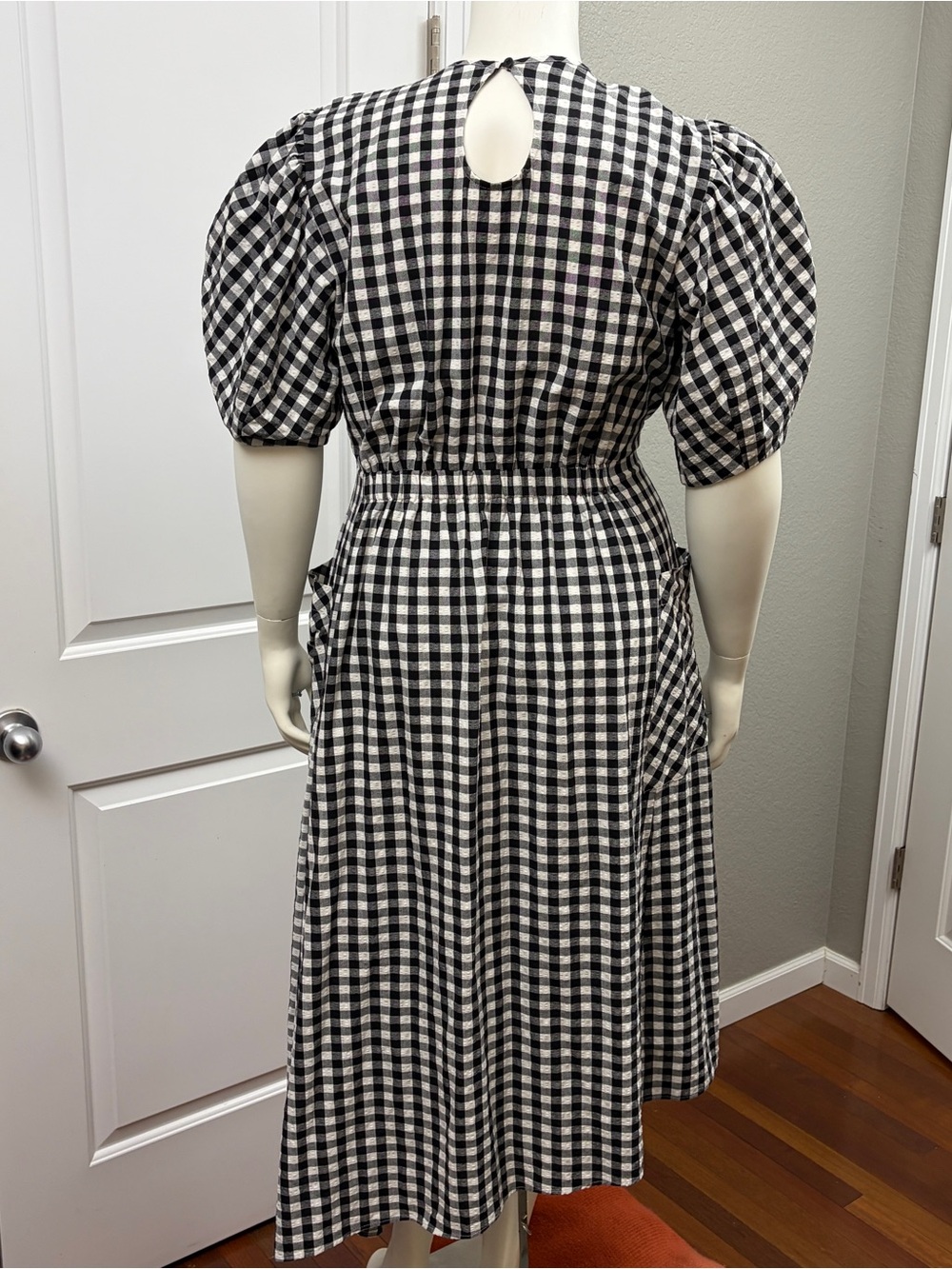 ALIGNE Harlin Black White Gingham Midi Dress Puff Sleeves Pockets UK 18 US 14 - Picture 5 of 12